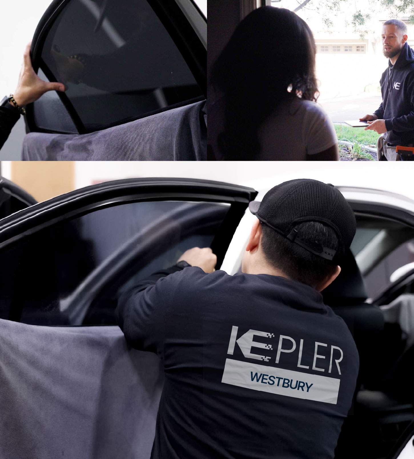 Automotive Window Tinting Expert Applying Film in Westbury, New York