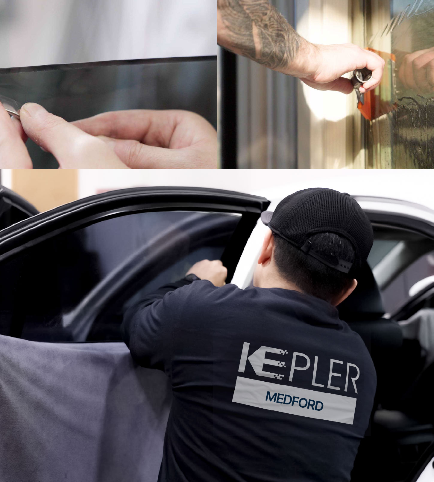 Automotive Window Tinting Expert Applying Film in Medford, New York