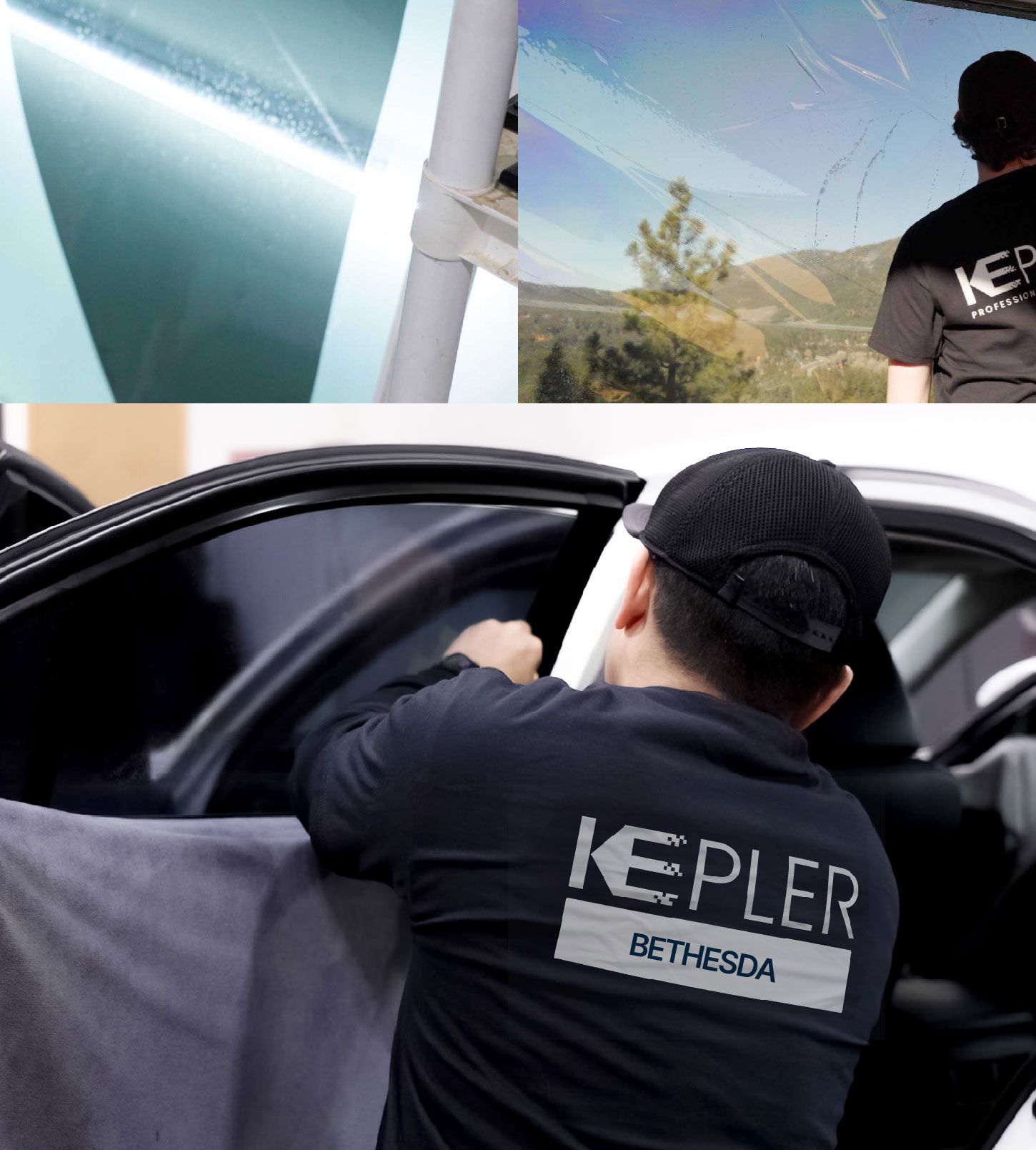 Automotive Window Tinting Expert Applying Film in Bethesda, Maryland