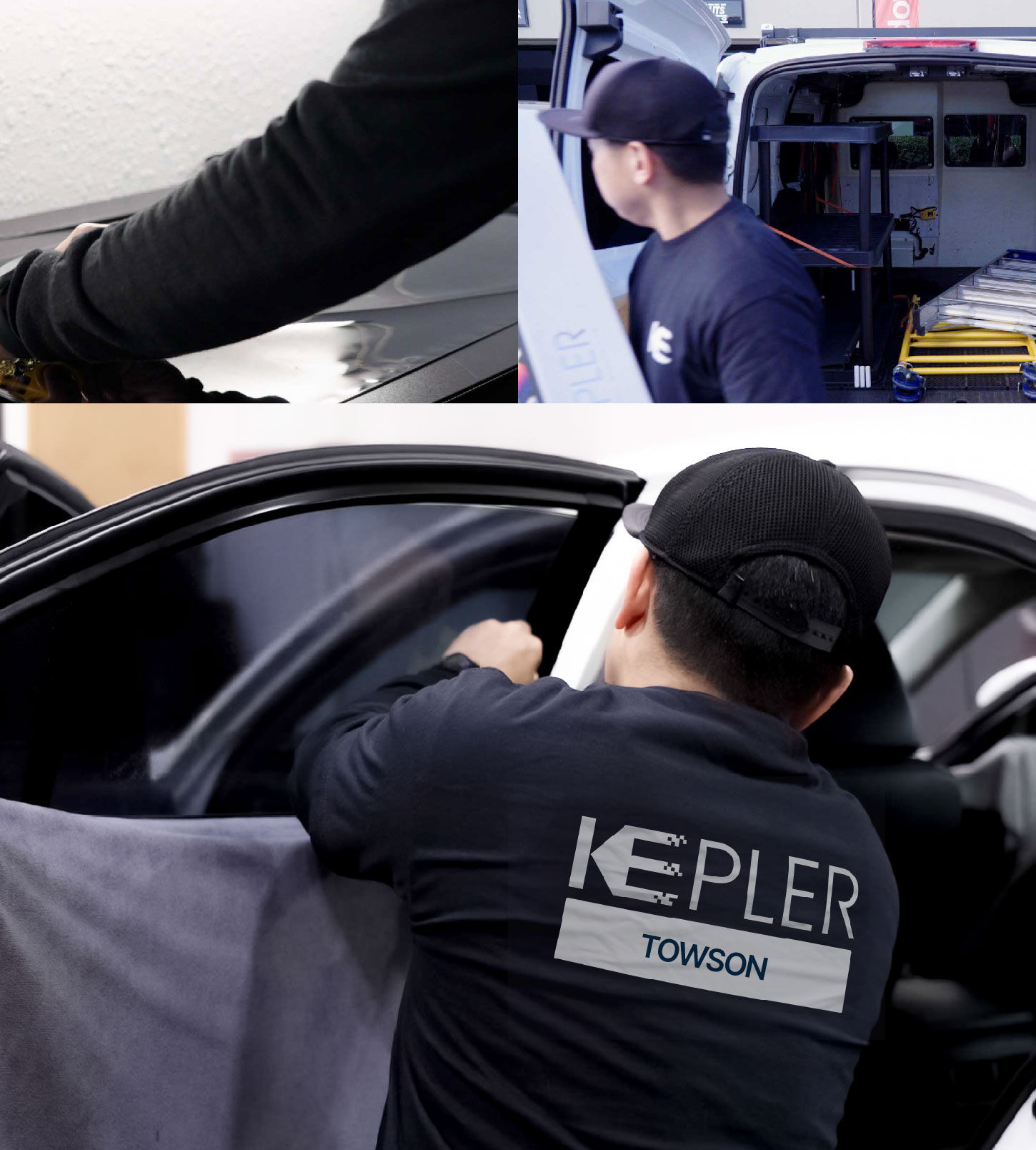 Automotive Window Tinting Expert Applying Film in Towson, Maryland