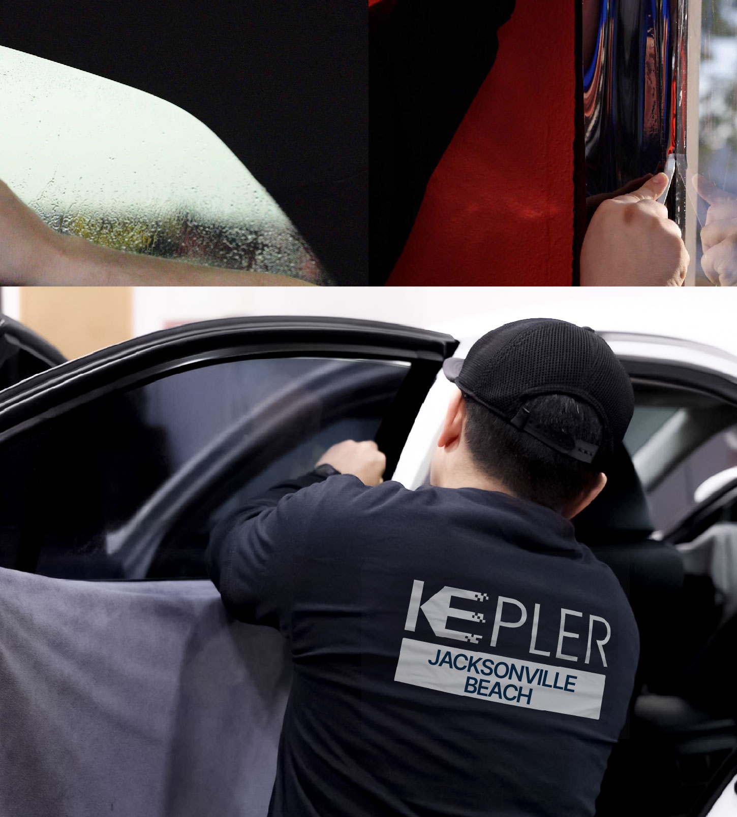 Automotive Window Tinting Expert Applying Film in Jacksonville Beach, Florida