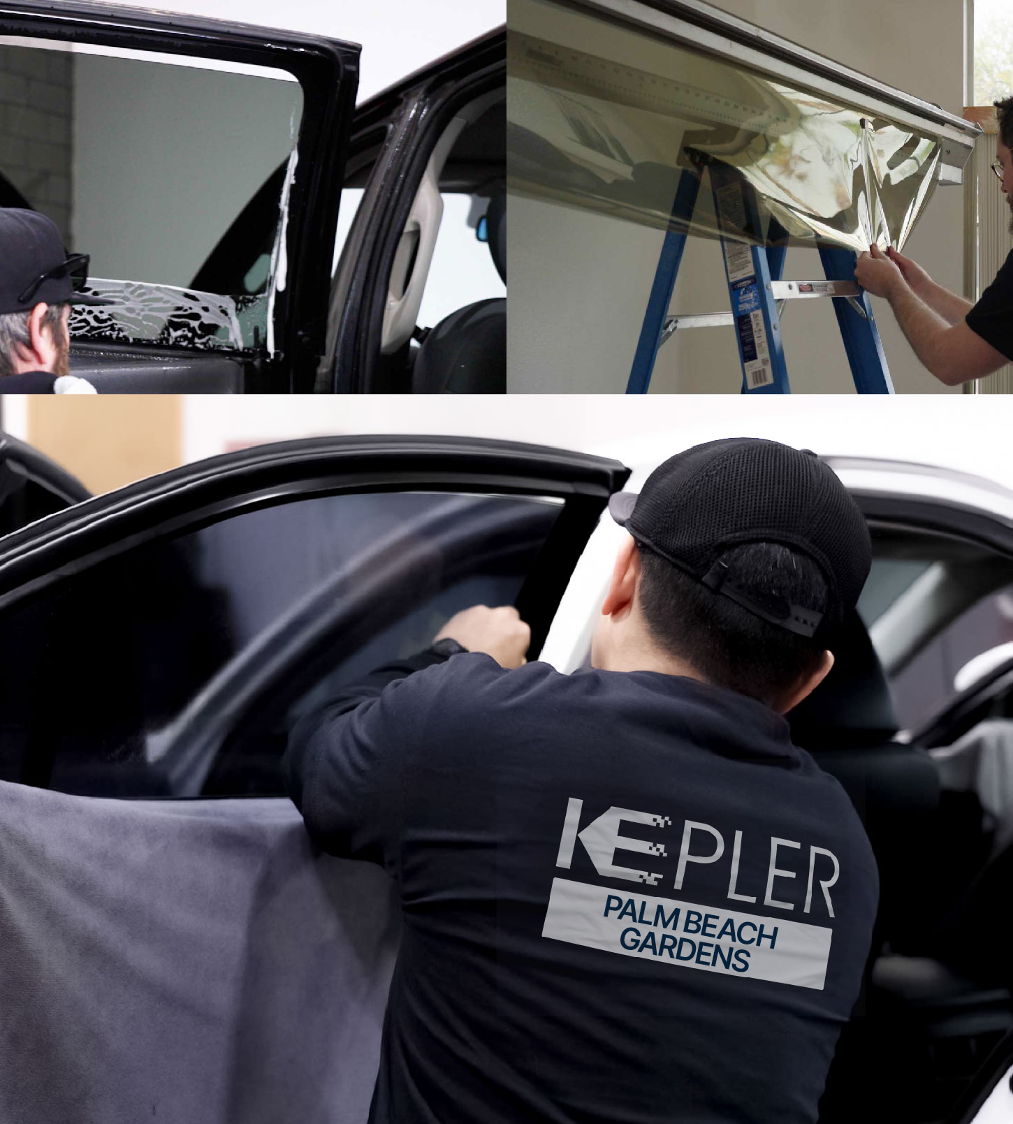 Automotive Window Tinting Expert Applying Film in Palm Beach Gardens, Florida