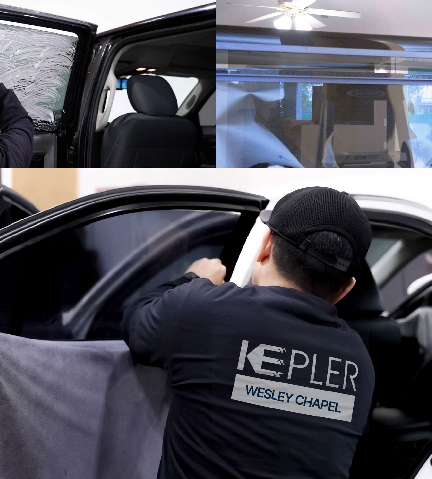 Automotive Window Tinting Expert Applying Film in Wesley Chapel, Florida