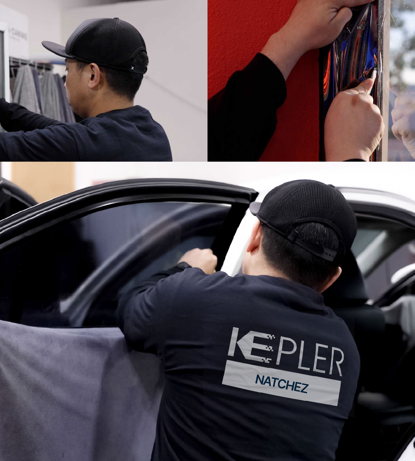 Automotive Window Tinting Expert Applying Film in Natchez, Mississippi