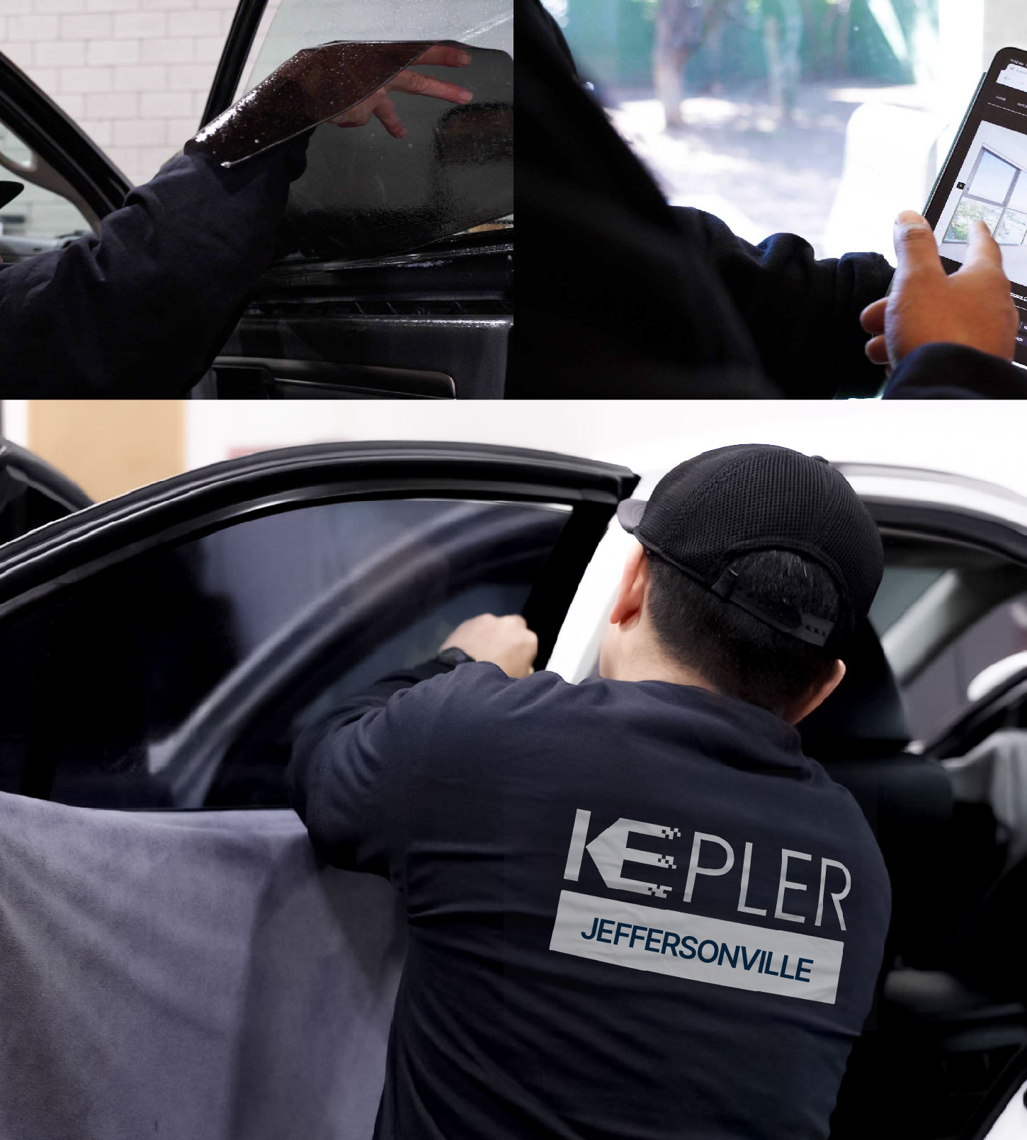Automotive Window Tinting Expert Applying Film in Jeffersonville, Indiana
