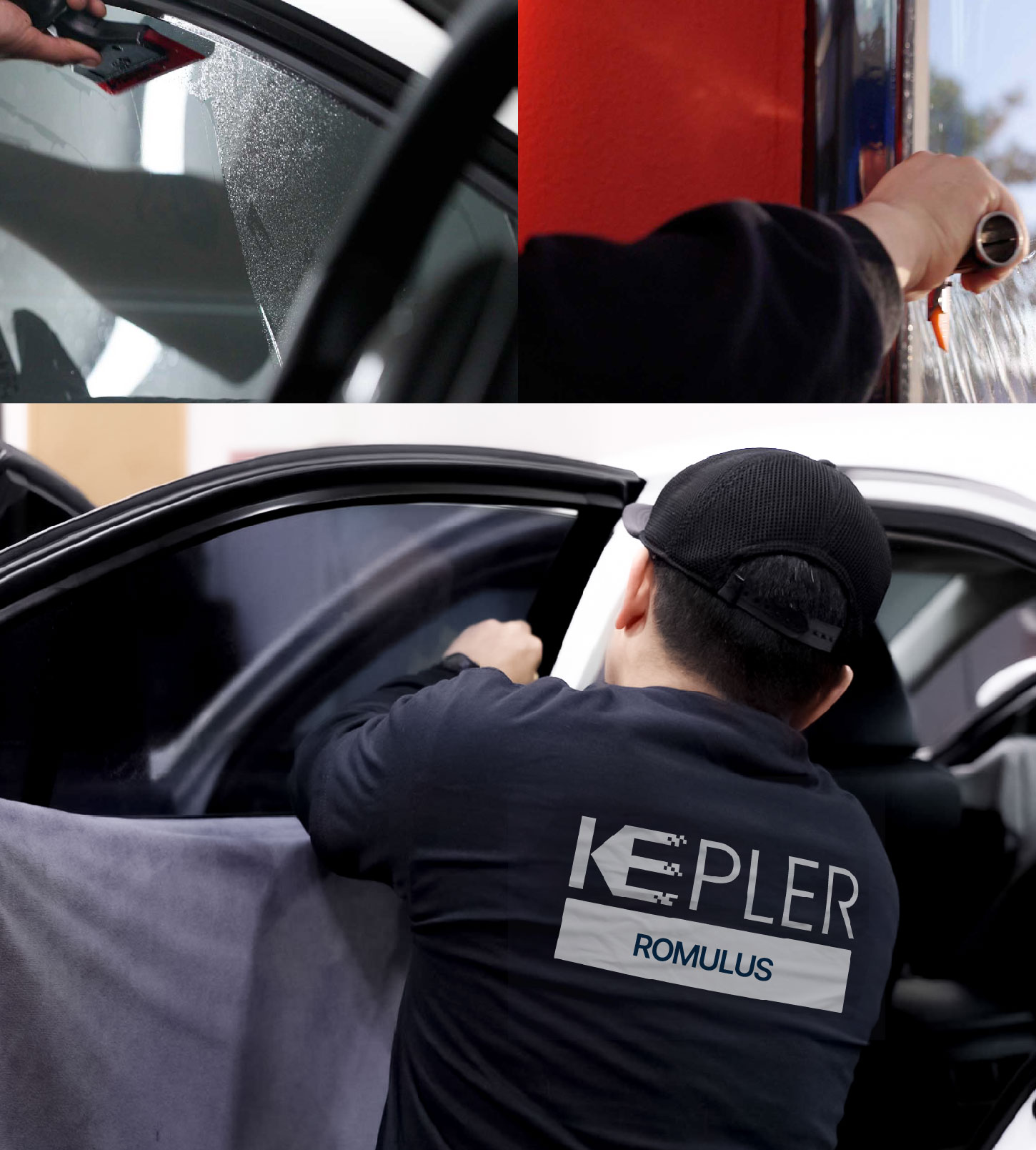 Automotive Window Tinting Expert Applying Film in Romulus, Michigan