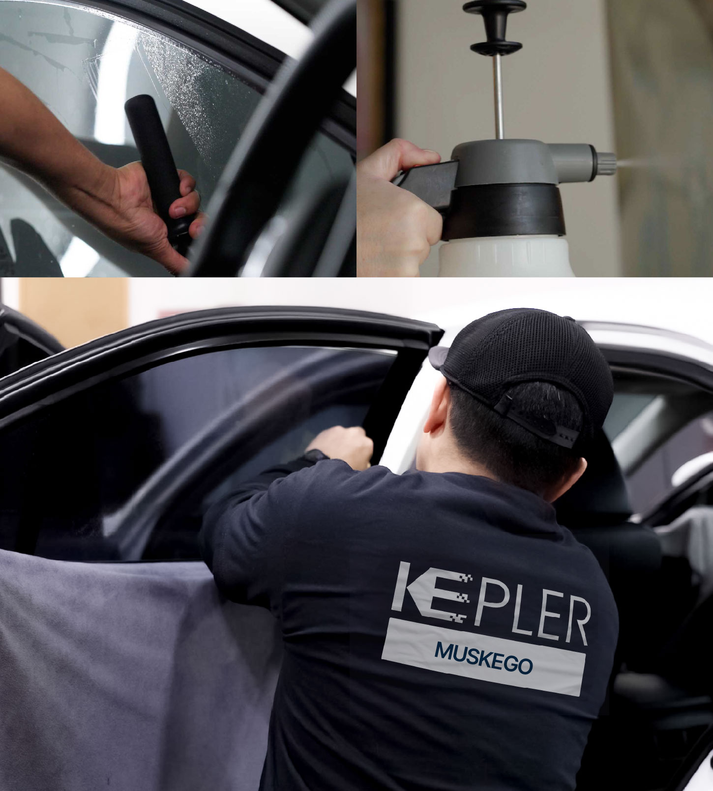 Automotive Window Tinting Expert Applying Film in Muskego, Wisconsin