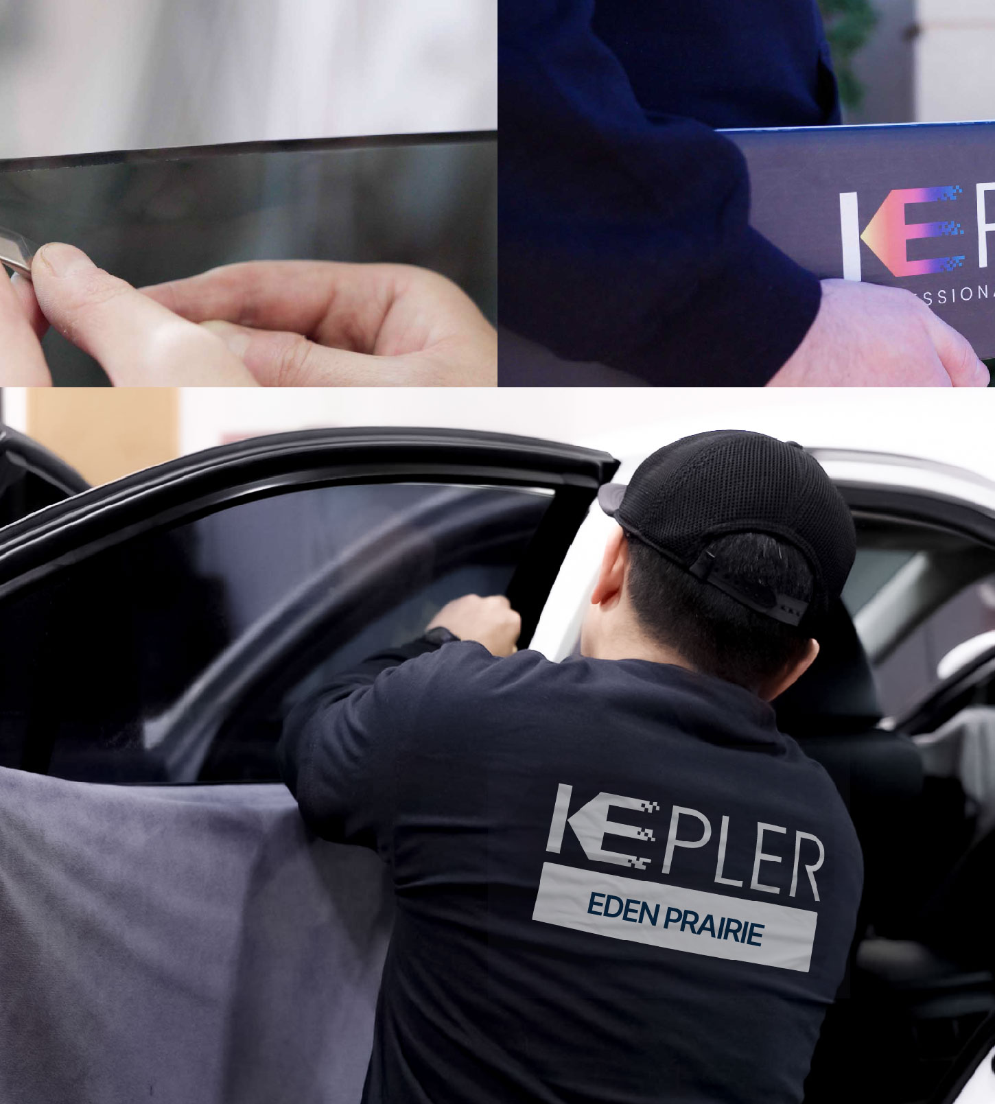 Automotive Window Tinting Expert Applying Film in Eden Prairie, Minnesota
