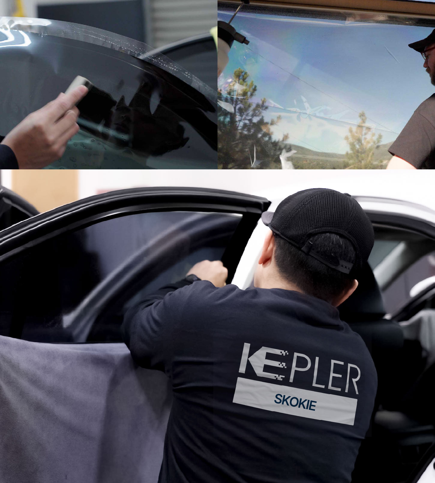 Automotive Window Tinting Expert Applying Film in Skokie, Illinois