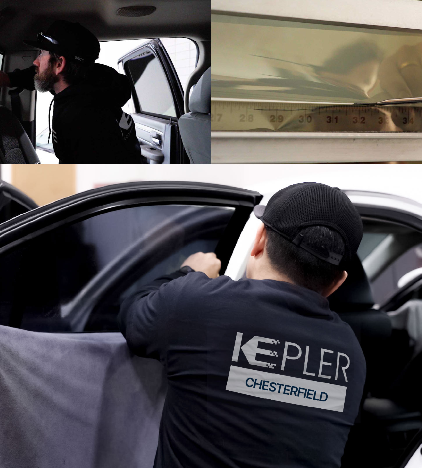 Automotive Window Tinting Expert Applying Film in Chesterfield, Missouri