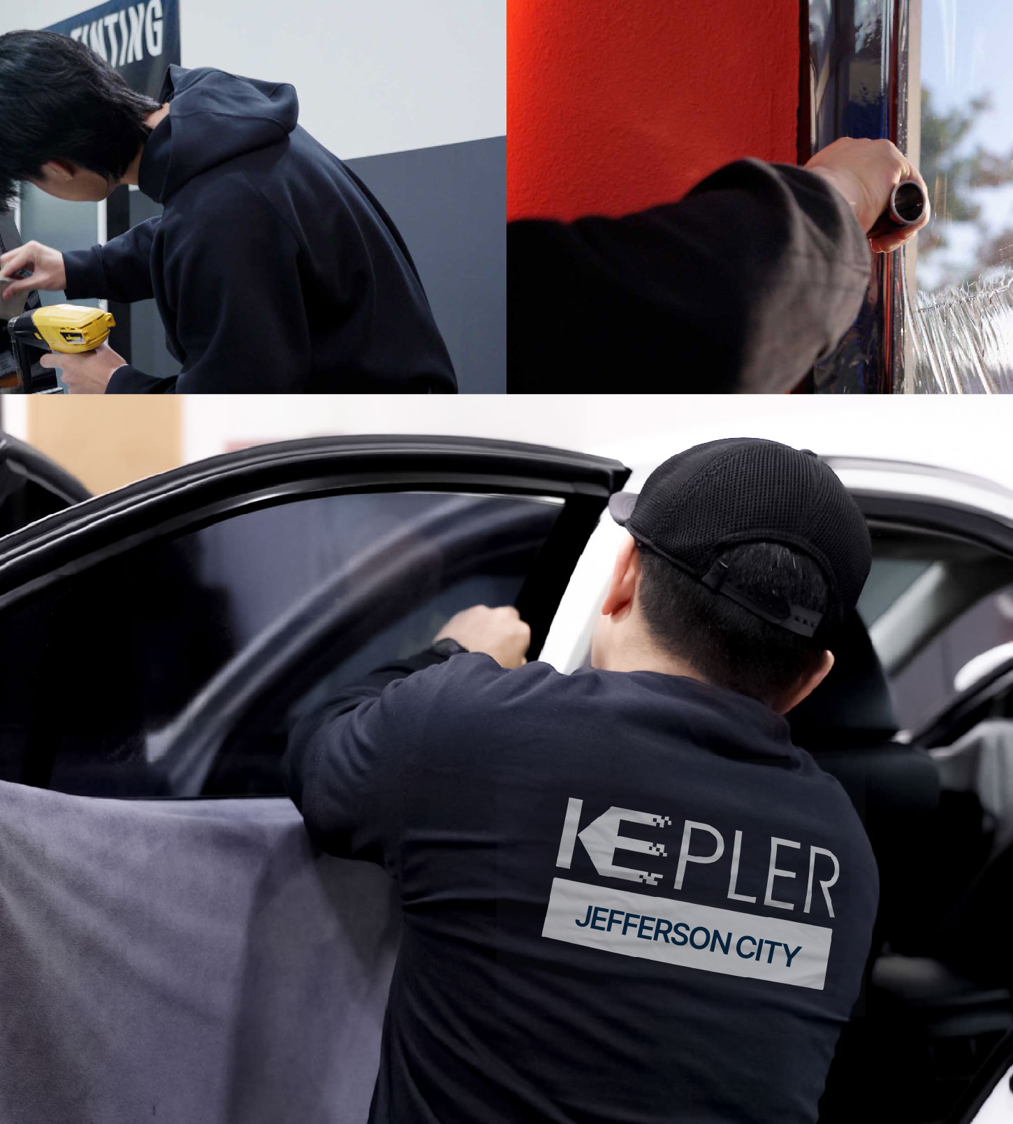 Automotive Window Tinting Expert Applying Film in Jefferson City, Missouri
