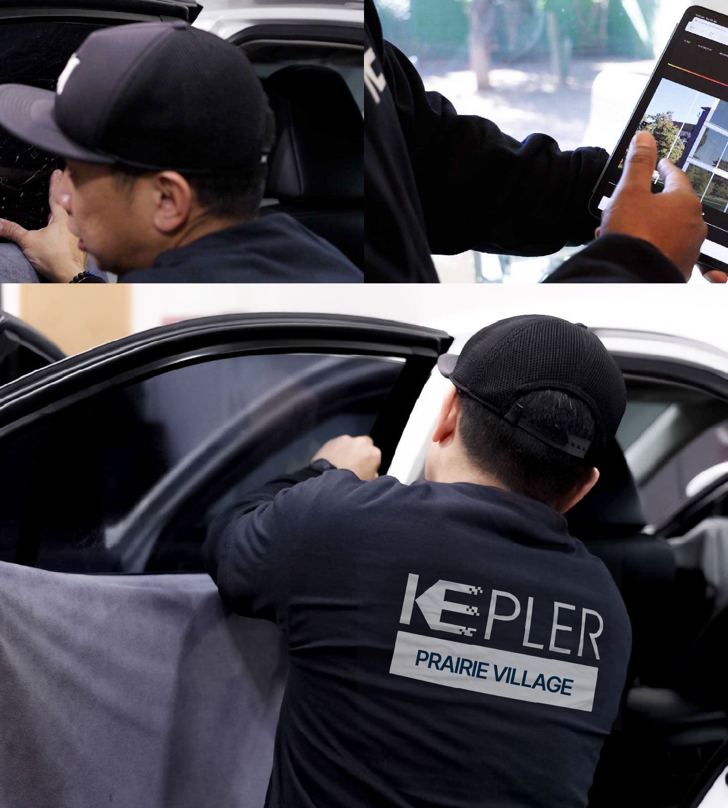 Automotive Window Tinting Expert Applying Film in Prairie Village, Kansas