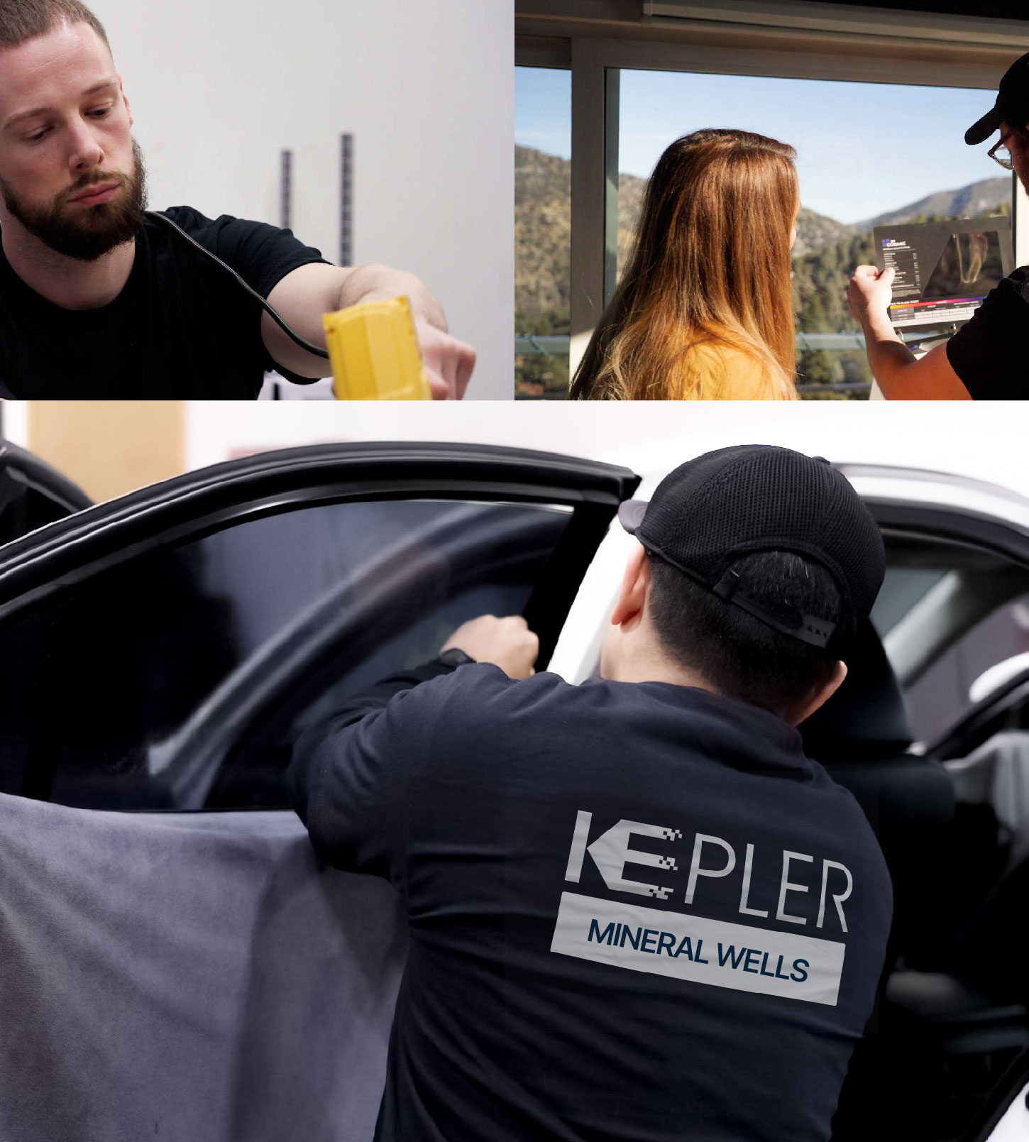 Automotive Window Tinting Expert Applying Film in Mineral Wells, Texas