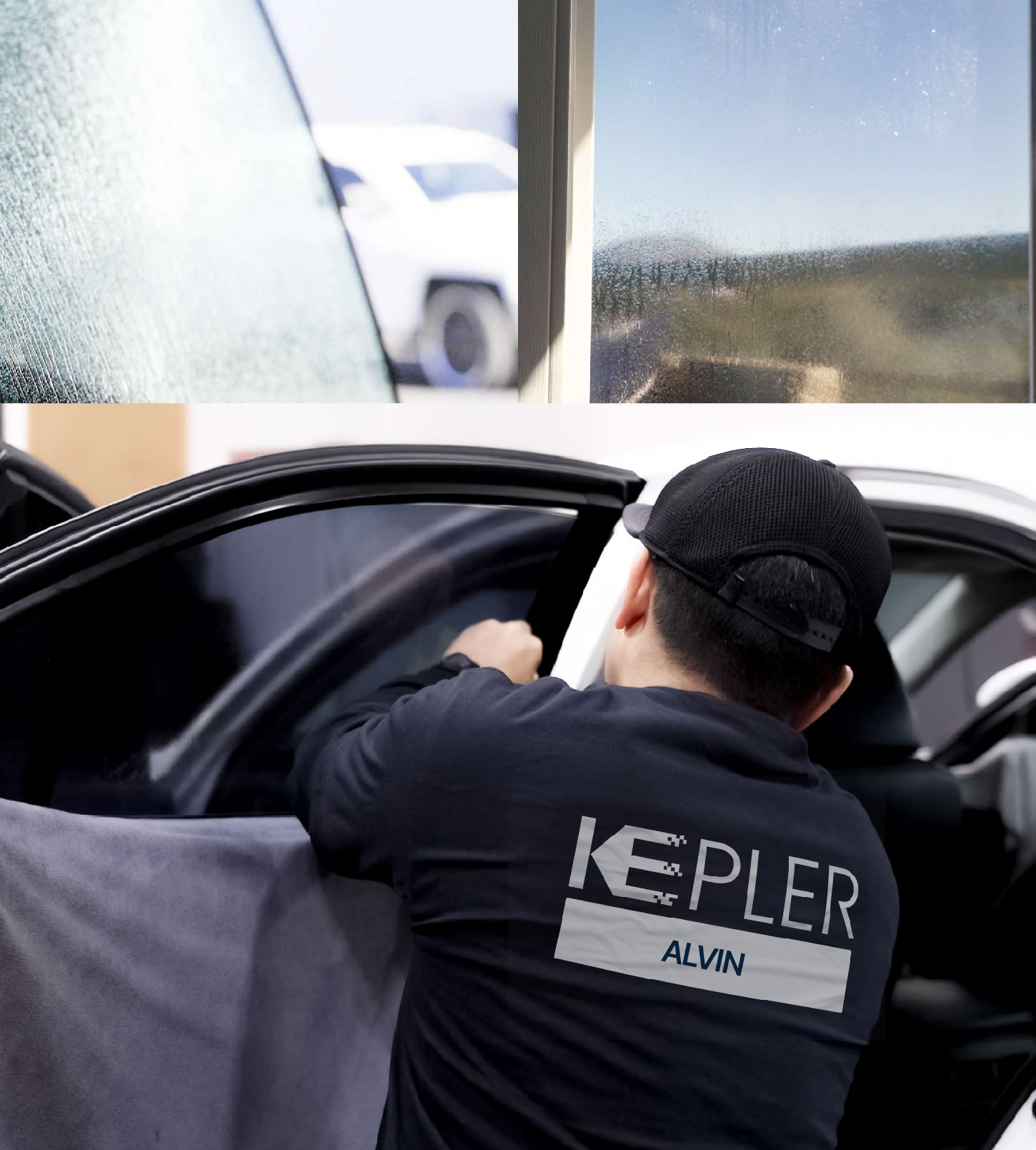 Automotive Window Tinting Expert Applying Film in Alvin, Texas