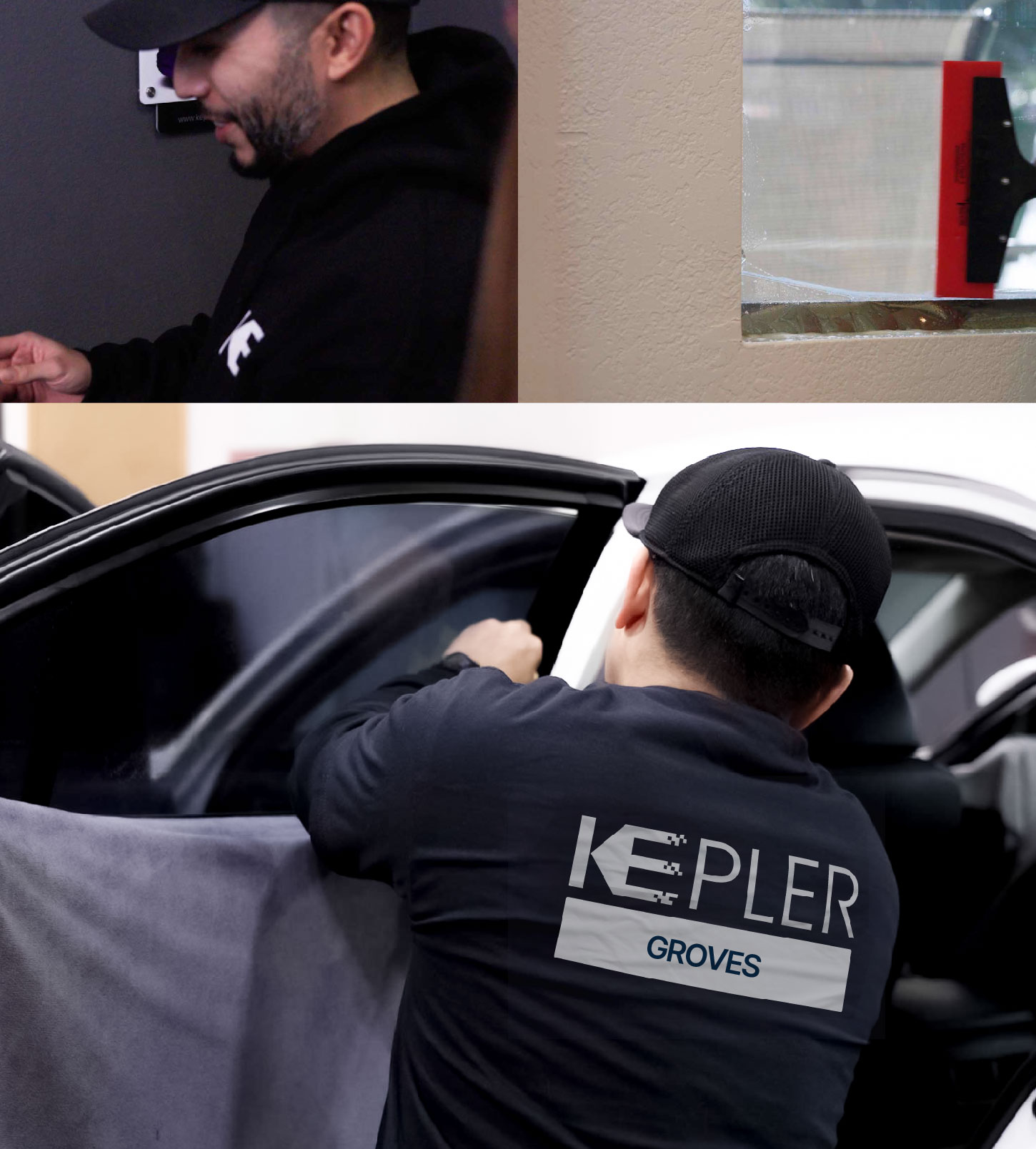 Automotive Window Tinting Expert Applying Film in Groves, Texas