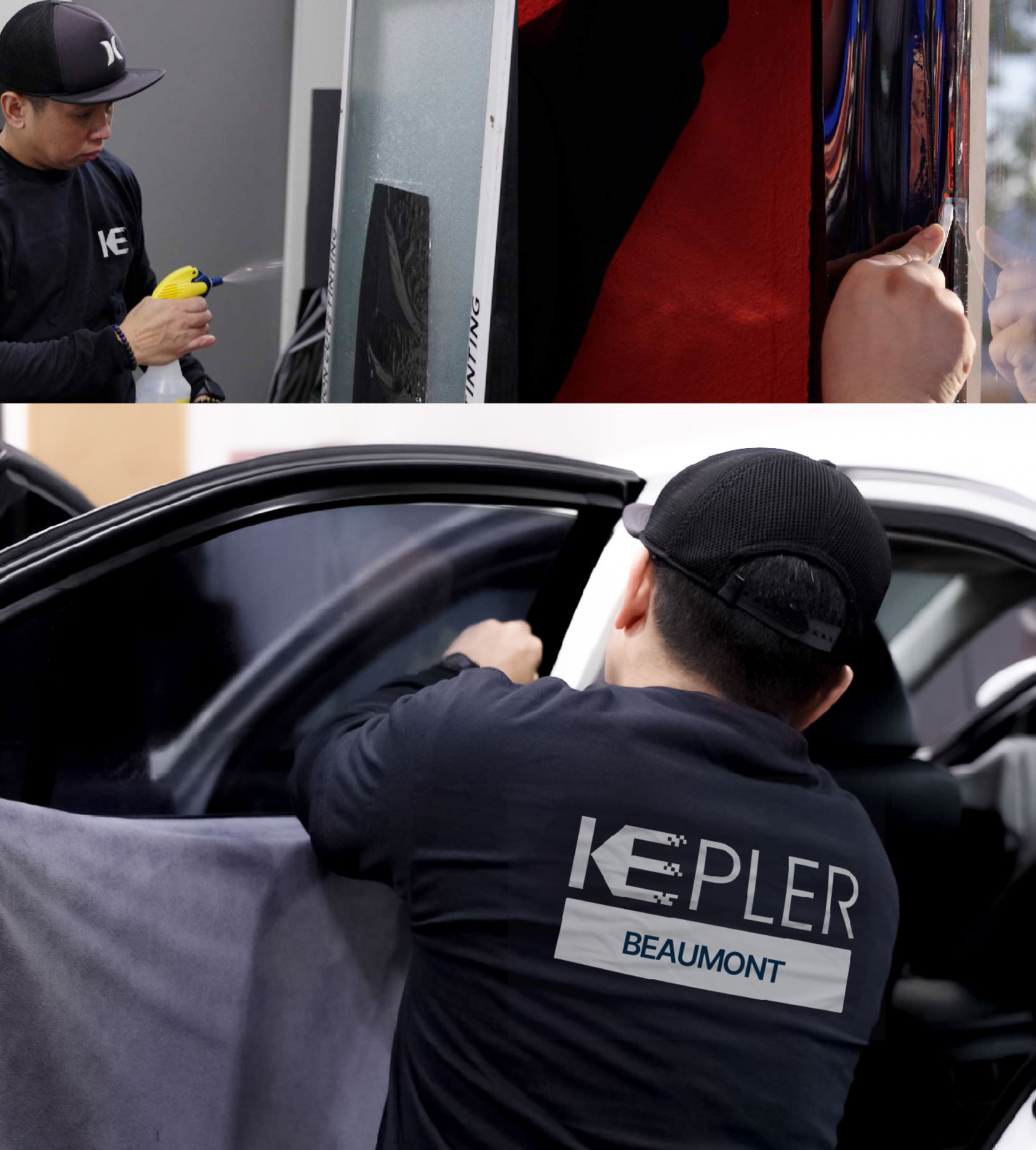 Automotive Window Tinting Expert Applying Film in Beaumont, Texas