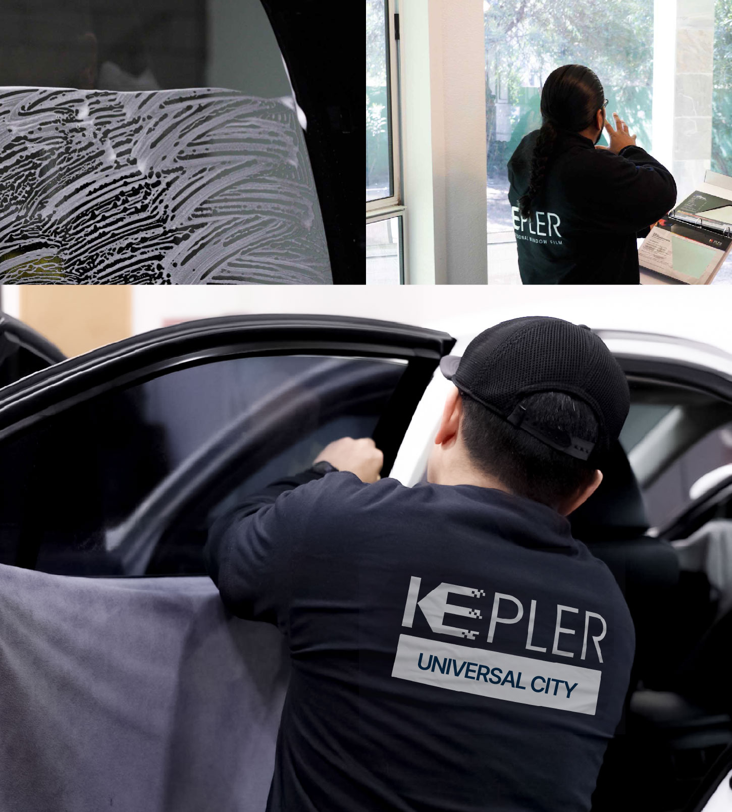 Automotive Window Tinting Expert Applying Film in Universal City, Texas