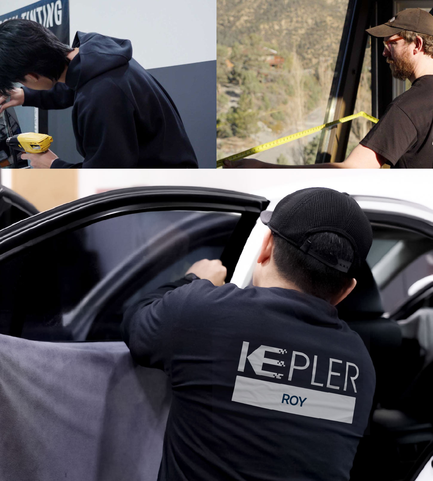Automotive Window Tinting Expert Applying Film in Roy, Utah