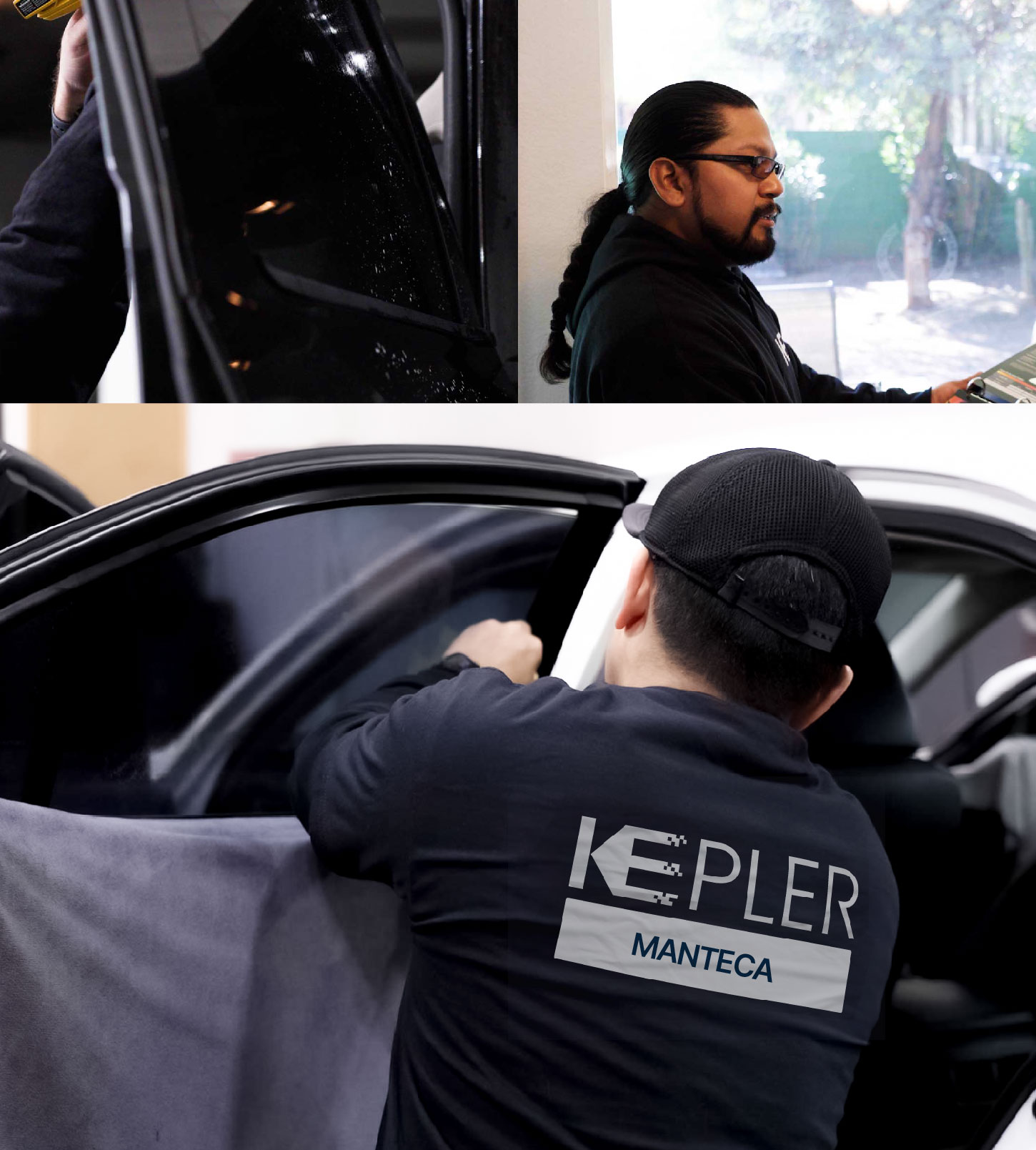 Automotive Window Tinting Expert Applying Film in Manteca, California