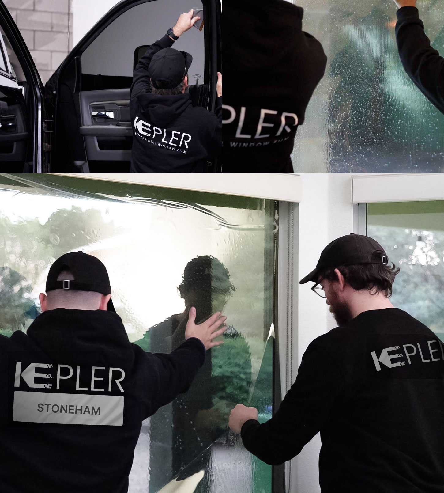 Expert Technician Applying High-tech Window Tint to Home in Stoneham