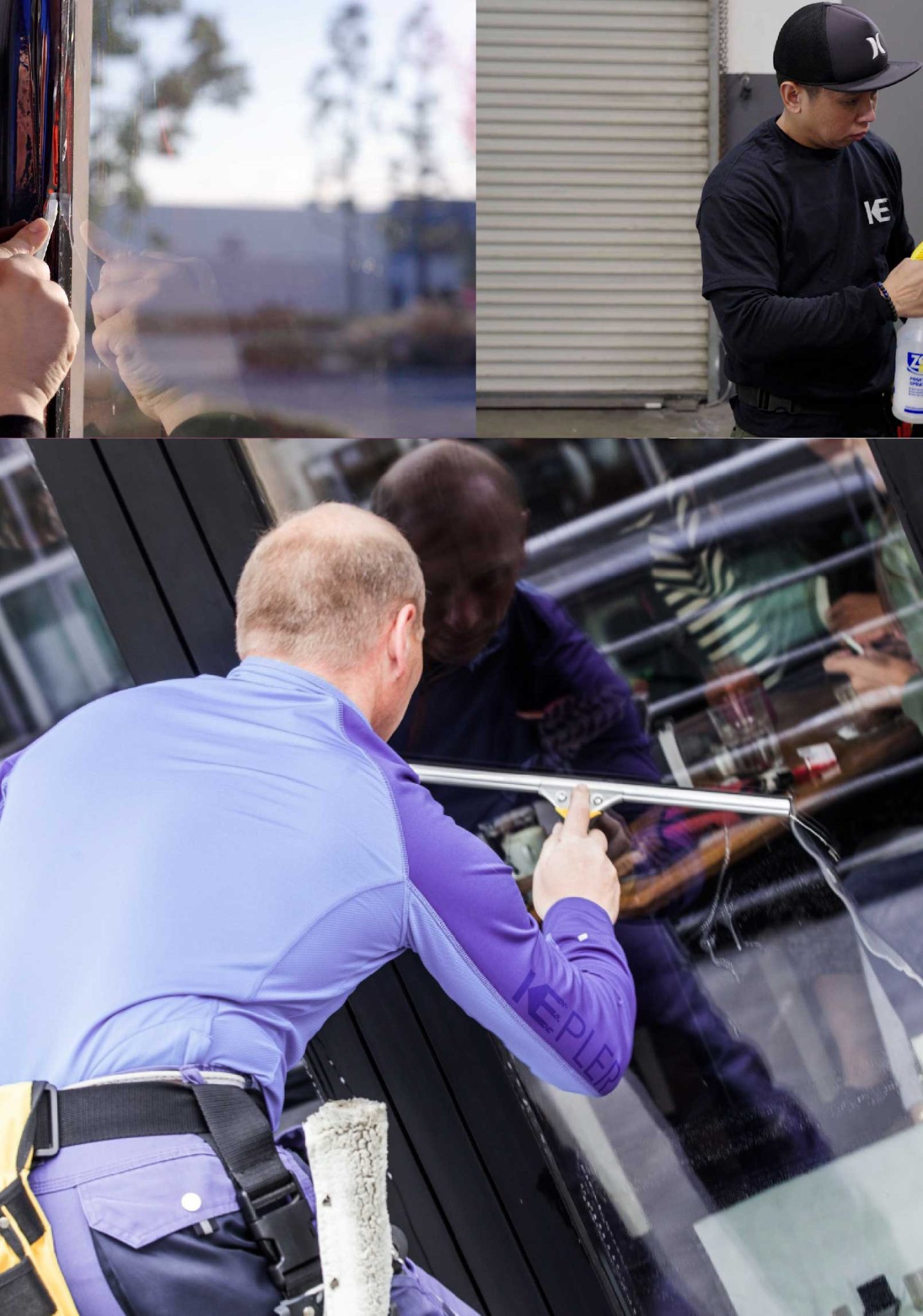 Kepler Skilled Applying Anti-Graffiti Window Film to a Bellaire Shop Front