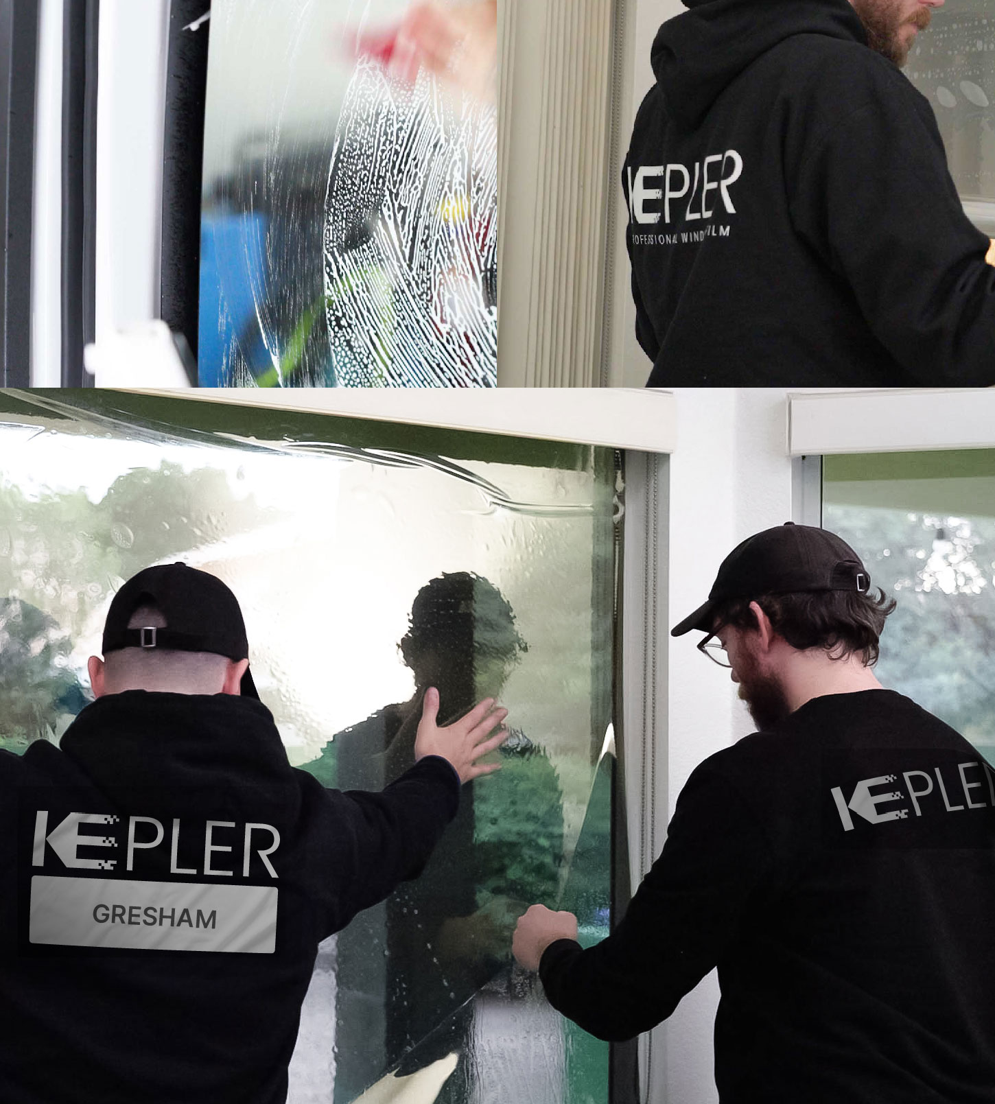 Kepler Technician Applying Ceramic Window Tint to Home in Gresham